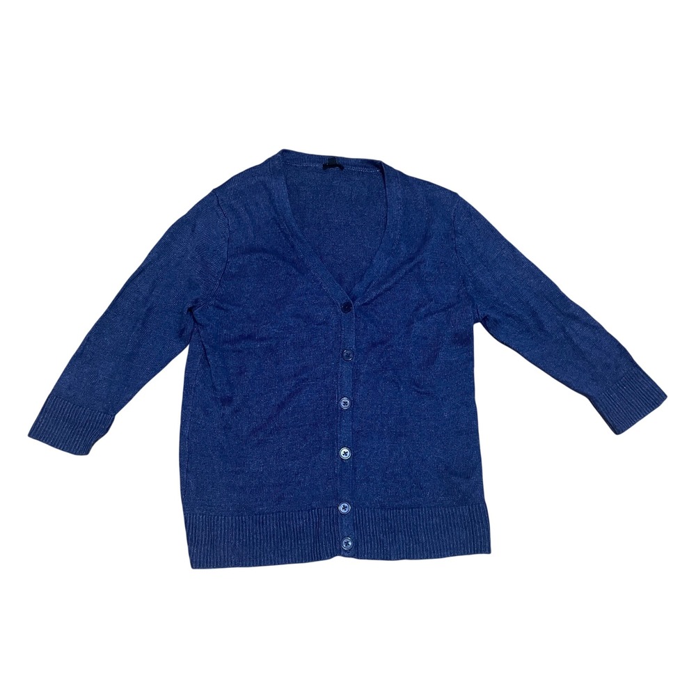 Talbots Petites XL Navy Blue 100% Linen V-Neck Button Front Cardigan Sweater